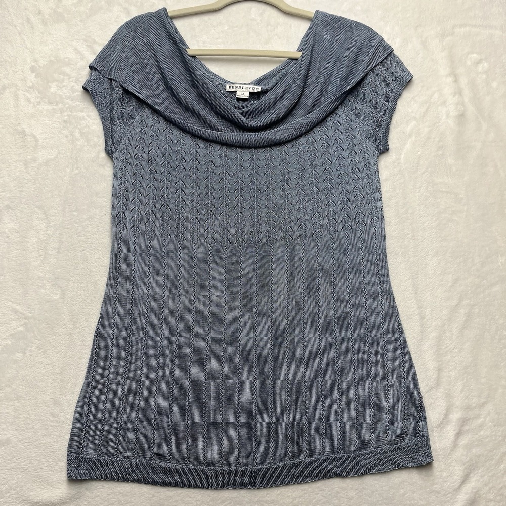 Pendleton Cowl Neck Open Knit Sweater Top Womens Medium Blue Cap Sleeve